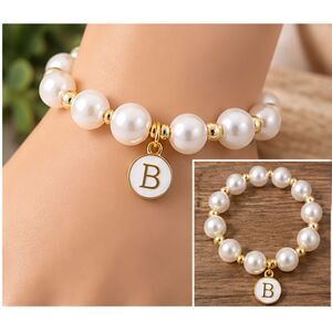 Initial B Pearl Beaded Stretch Bracelet White Faux Pearls Gold Tone Letter Charm